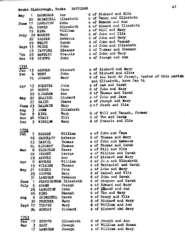 Monks Risborough Baptism Transcripts 1752